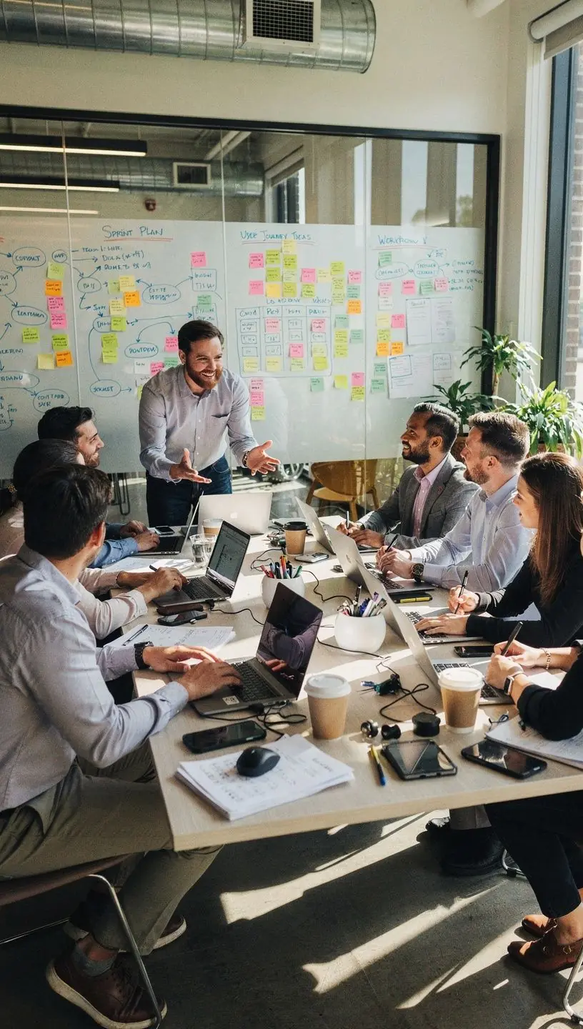 Group of diverse professionals collaborating on continuous improvement strategies.